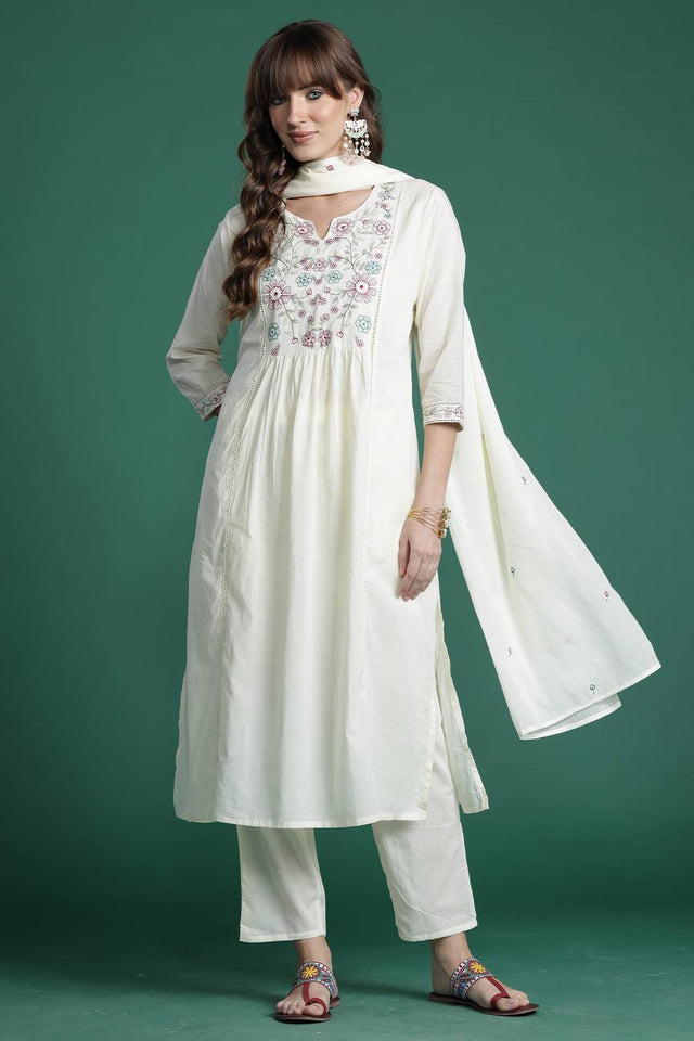 Off White Embroidered Cotton Kurti Pant Set (IDKH0OW10291)