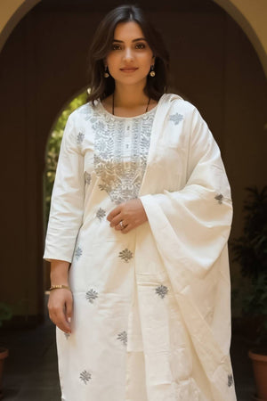 Off White Embroidered Cotton Kurti Pant Set (IDKH0OW10922)