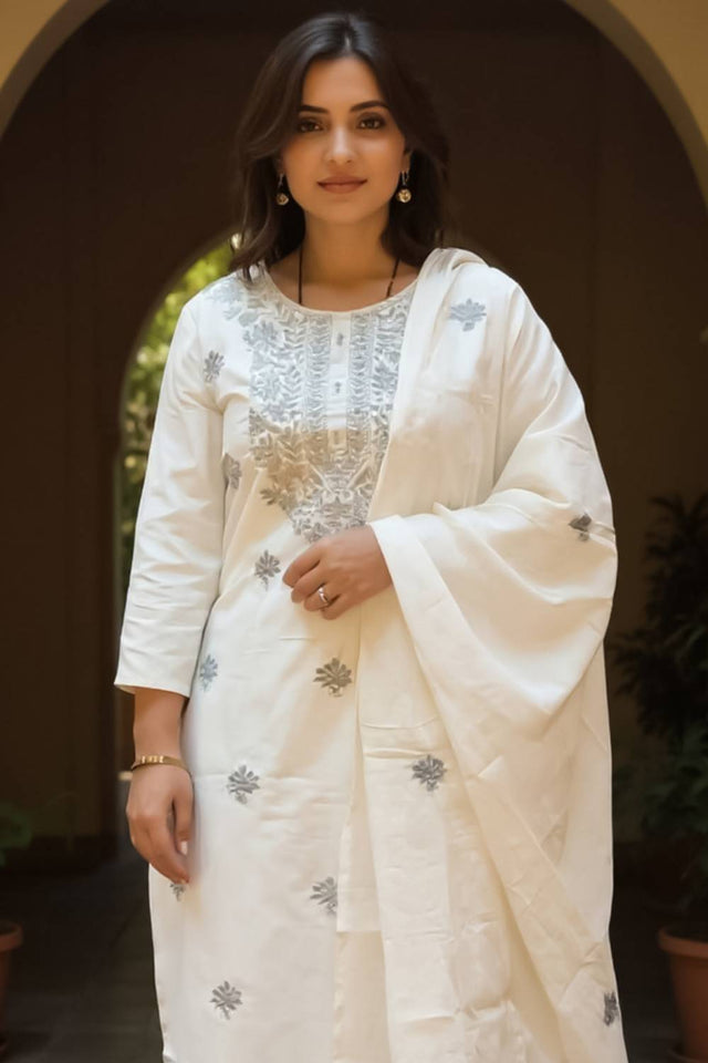 Off White Embroidered Cotton Kurti Pant Set (IDKH0OW10922)