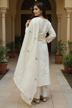 Off White Embroidered Cotton Kurti Pant Set (IDKH0OW10922)