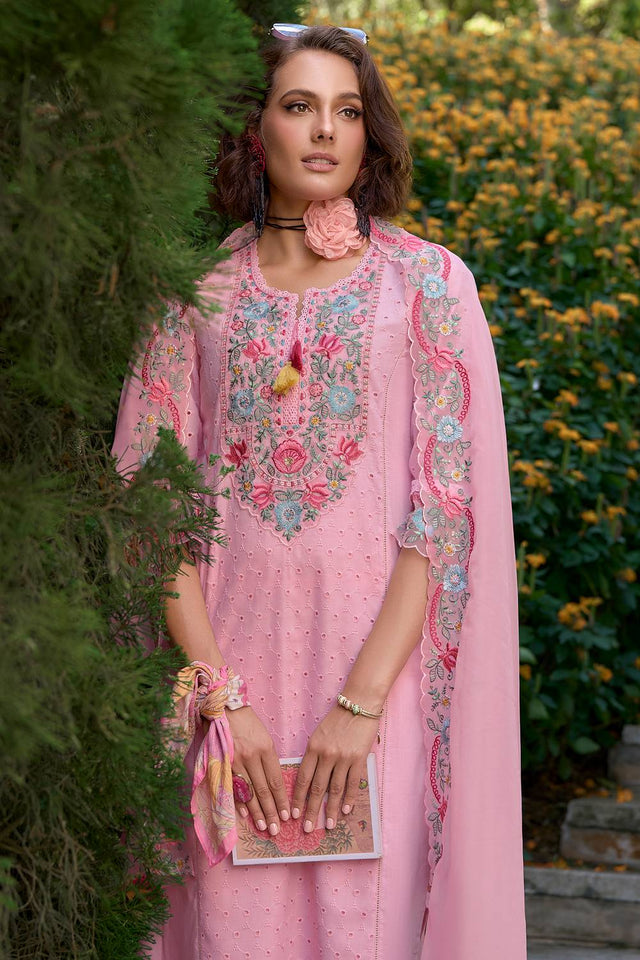Pink Floral Embroidered Cotton Kurti Pant Set (IDKH0PK10721)