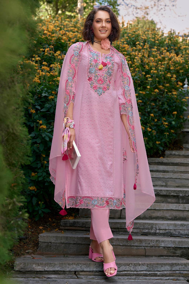 Pink Floral Embroidered Cotton Kurti Pant Set (IDKH0PK10721)