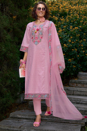 Pink Floral Embroidered Cotton Kurti Pant Set (IDKH0PK10721)