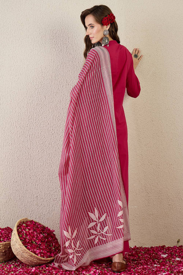 Pink Floral Embroidered Cotton Kurti Pant Set (IDKH0PK10884)