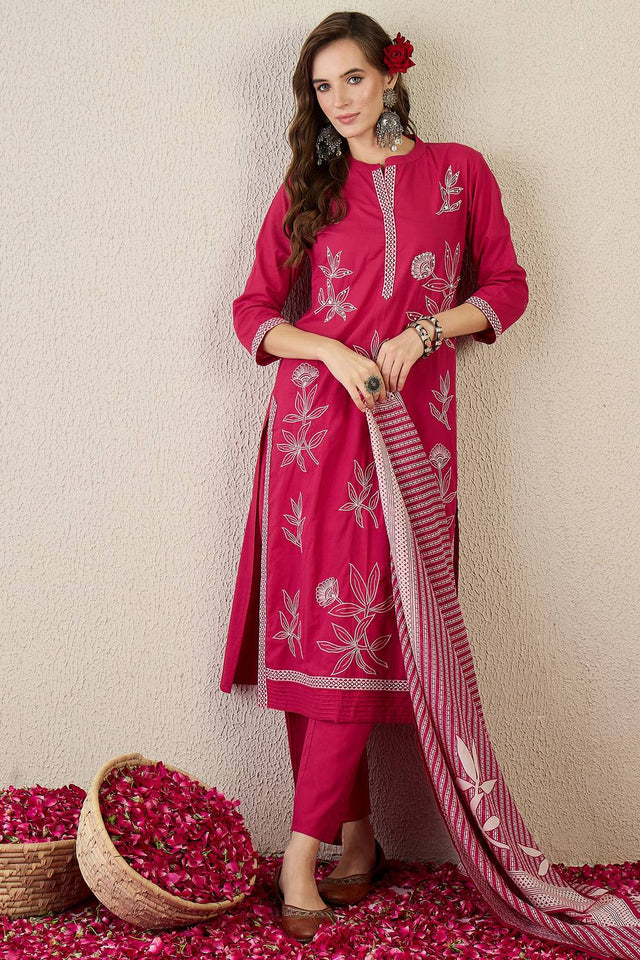 Pink Floral Embroidered Cotton Kurti Pant Set (IDKH0PK10884)