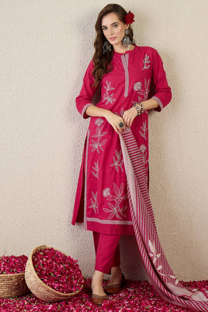 Pink Floral Embroidered Cotton Kurti Pant Set (IDKH0PK10884)