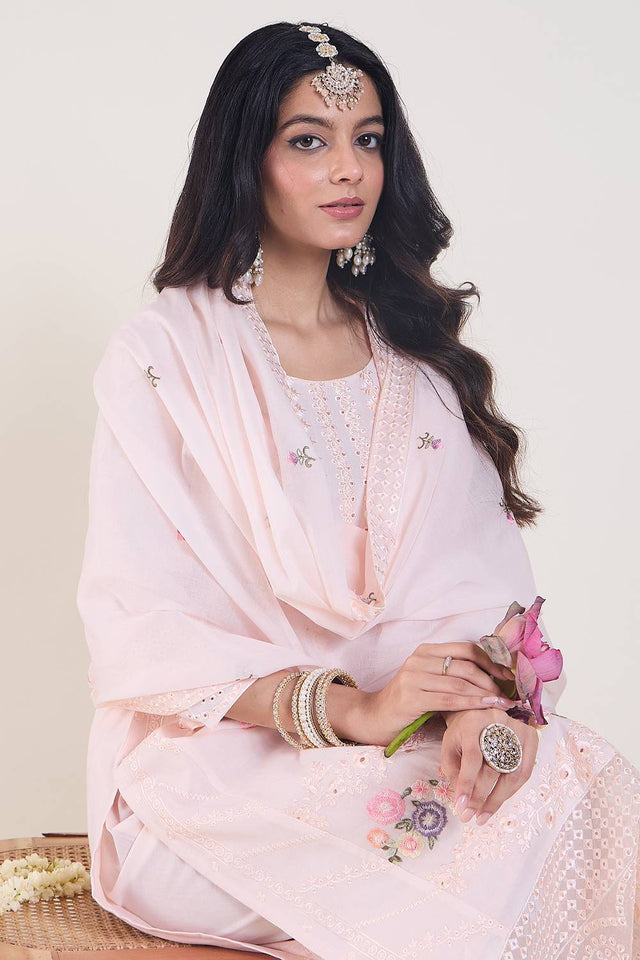 Pink Floral Embroidered Cotton Kurti Pant Set (IDKH0PK11284)