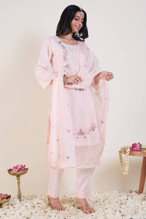 Pink Floral Embroidered Cotton Kurti Pant Set (IDKH0PK11284)