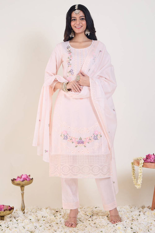 Pink Floral Embroidered Cotton Kurti Pant Set (IDKH0PK11284)