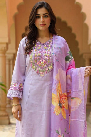 Violet Floral Embroidered Cotton Blend Kurti Pant Set (IDKH0PR10977)