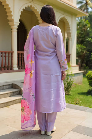 Violet Floral Embroidered Cotton Blend Kurti Pant Set (IDKH0PR10977)