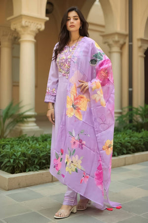 Violet Floral Embroidered Cotton Blend Kurti Pant Set (IDKH0PR10977)