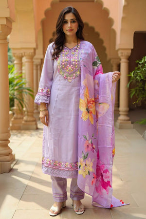 Violet Floral Embroidered Cotton Blend Kurti Pant Set (IDKH0PR10977)