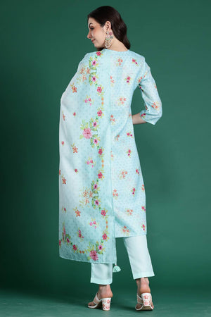 Sea Green Floral Embroidered Linen Kurti Pant Set (IDKH0SG10382)