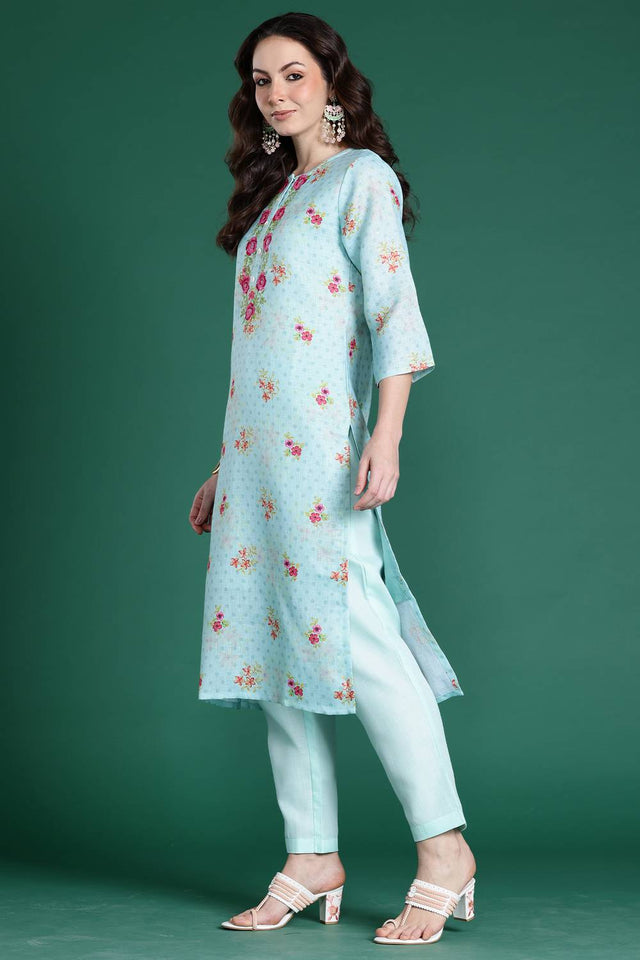 Sea Green Floral Embroidered Linen Kurti Pant Set (IDKH0SG10382)