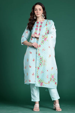 Sea Green Floral Embroidered Linen Kurti Pant Set (IDKH0SG10382)