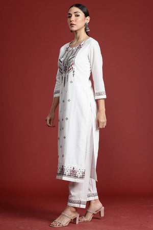 White Embroidered Cotton Kurti Pant Set (IDKH0WH10361)