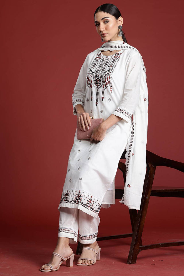 White Embroidered Cotton Kurti Pant Set (IDKH0WH10361)