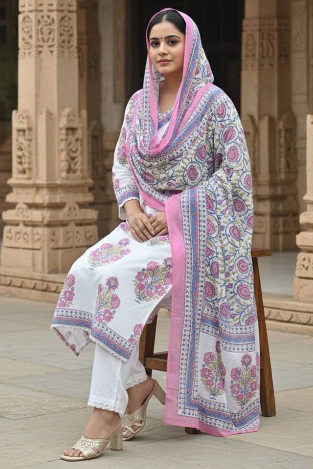 White Printed Cotton Kurti Pant Set (IDKH0WH11042)