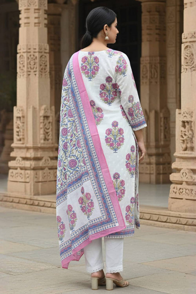 White Printed Cotton Kurti Pant Set (IDKH0WH11042)