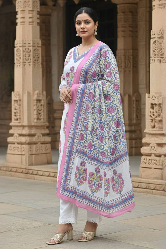 White Printed Cotton Kurti Pant Set (IDKH0WH11042)