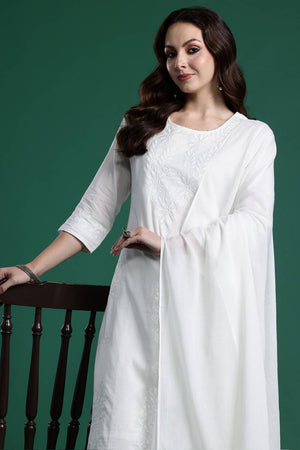 White Embroidered Cotton Kurti Pant Set (IDKH0WH11099)