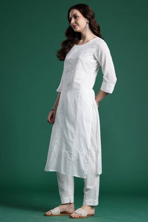 White Embroidered Cotton Kurti Pant Set (IDKH0WH11099)