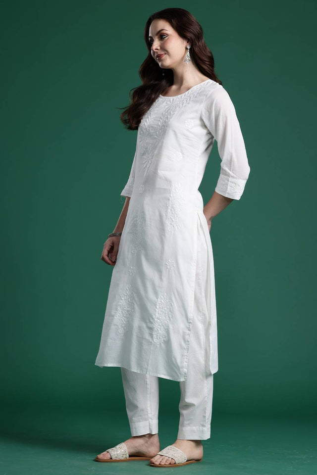 White Embroidered Cotton Kurti Pant Set (IDKH0WH11099)