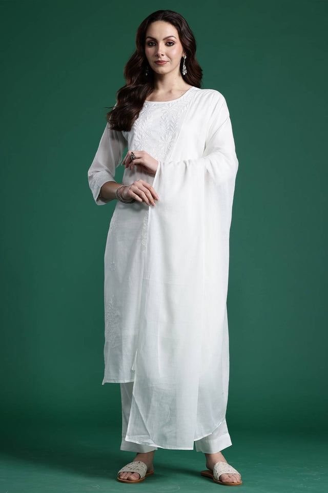 White Embroidered Cotton Kurti Pant Set (IDKH0WH11099)
