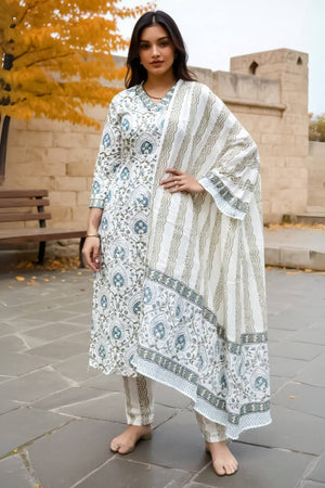 White Printed Cotton Kurti Pant Set (IDKH0WH11619)
