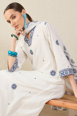 White Embroidered Cotton Kurti Pant Set (IDKH0WH11785)