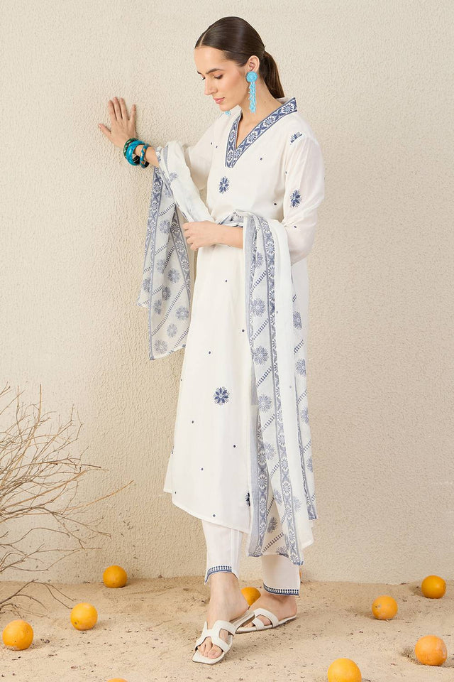 White Embroidered Cotton Kurti Pant Set (IDKH0WH11785)