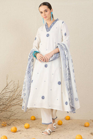 White Embroidered Cotton Kurti Pant Set (IDKH0WH11785)