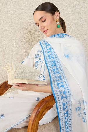 White Embroidered Cotton Kurti Pant Set (IDKH0WH11812)