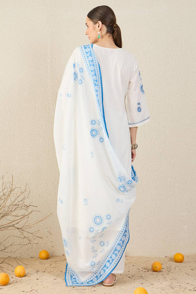 White Embroidered Cotton Kurti Pant Set (IDKH0WH11812)