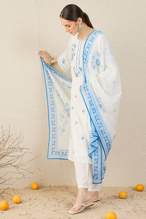 White Embroidered Cotton Kurti Pant Set (IDKH0WH11812)
