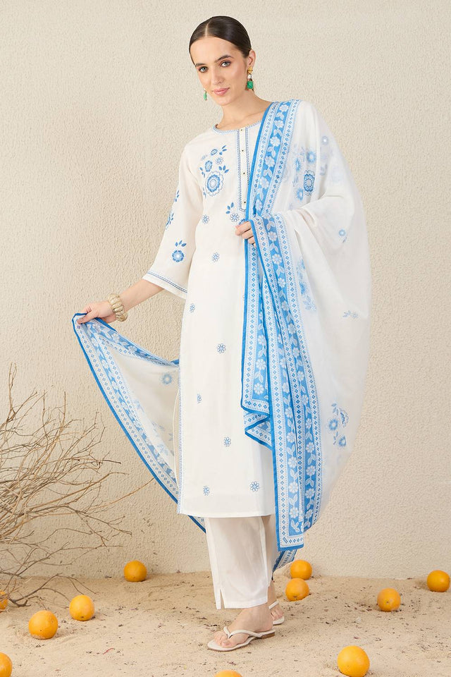 White Embroidered Cotton Kurti Pant Set (IDKH0WH11812)