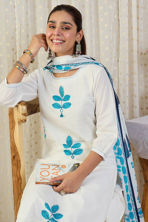 White Floral Printed Cotton Kurti Pant Set (IDKH0WH11828)