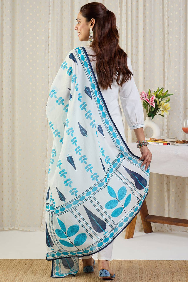White Floral Printed Cotton Kurti Pant Set (IDKH0WH11828)