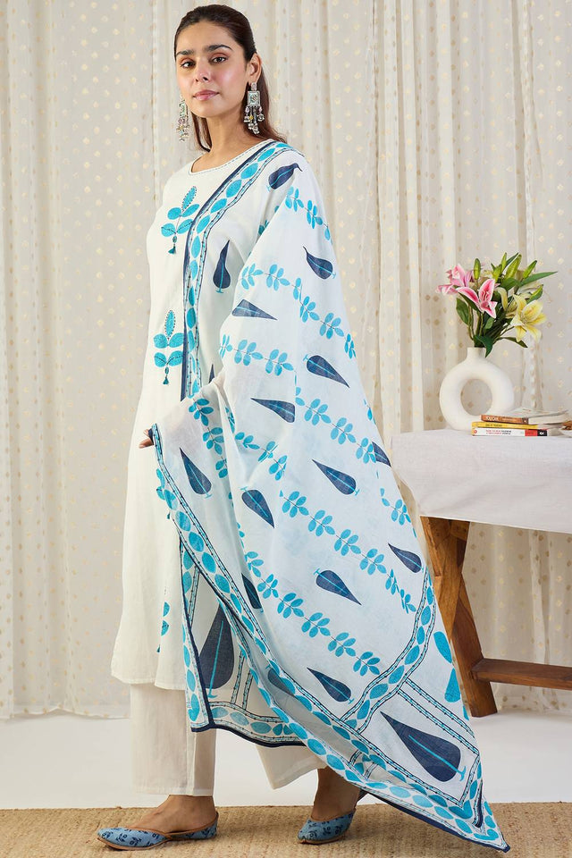 White Floral Printed Cotton Kurti Pant Set (IDKH0WH11828)