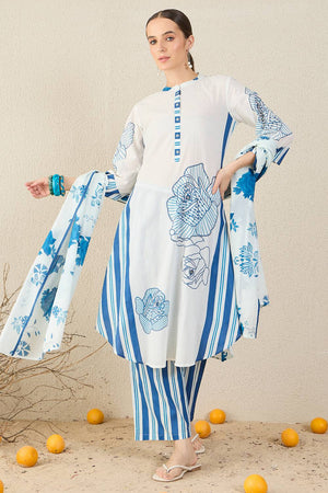 White Printed Cotton Kurti Pant Set (IDKH0WH11855)