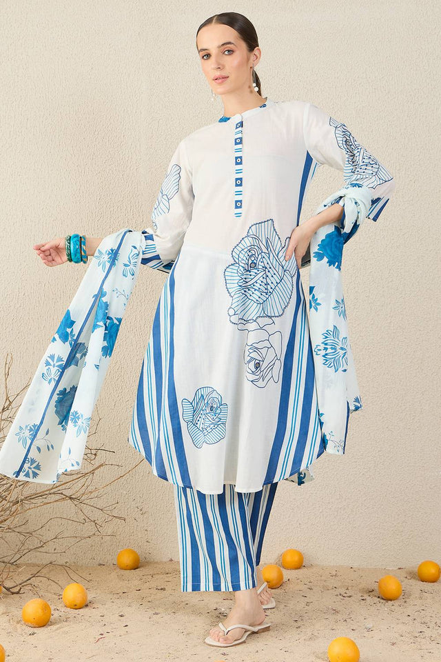 White Printed Cotton Kurti Pant Set (IDKH0WH11855)