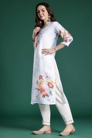 White Floral Printed Linen Kurti Pant Set (IDKH0WH9823)
