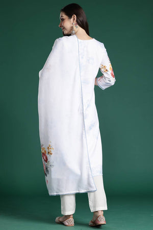 White Floral Printed Linen Kurti Pant Set (IDKH0WH9823)