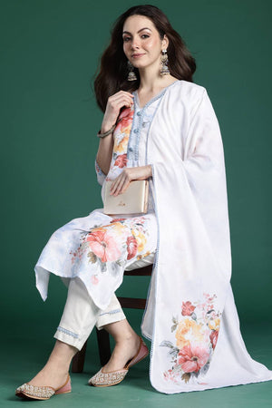 White Floral Printed Linen Kurti Pant Set (IDKH0WH9823)