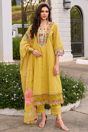 Yellow Embroidered Cotton Kurti Pant Set (IDKH0YL10684)