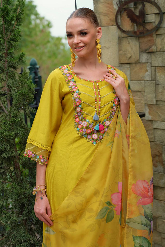 Yellow Embroidered Liva Kurti Pant Set (IDKH0YL10969)