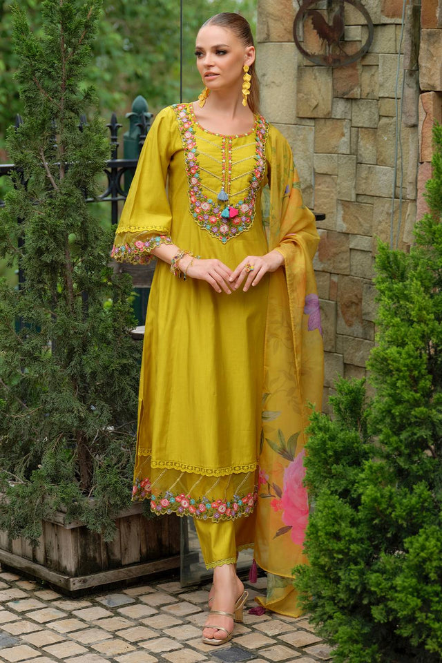 Yellow Embroidered Liva Kurti Pant Set (IDKH0YL10969)