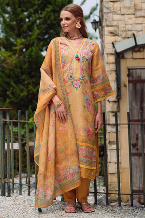 Yellow Embroidered Linen Kurti Pant Set (IDKH0YL11523)