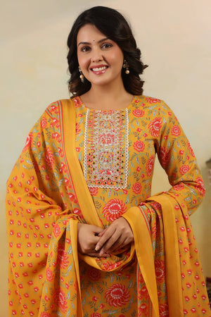 Yellow Embroidered Cotton Blend Kurti Pant Set (IDKH0YL12005)